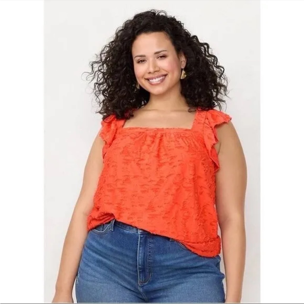 LC Lauren Conrad | Tops | Nwt Lauren Conrad 3x Orange Coral Ruffle Sleeve  Tank Top Square Neck Line | Poshmark, image size:1025x1025